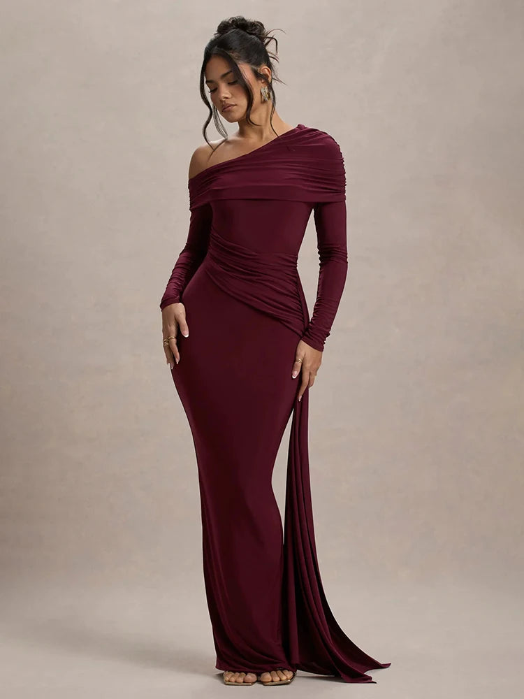 Aurelle Asymmetric Off-Shoulder Bodycon Maxi Dress – Ruched Summer Occasion Dress in Burgundy, Black or Green