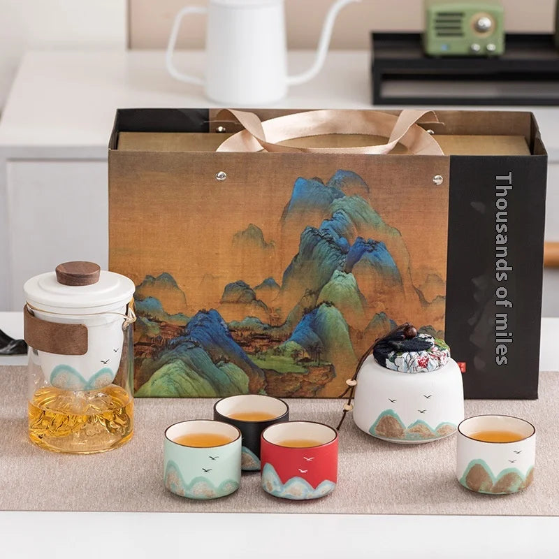 Hand-Painted Mountain Ceramic Tea Set with Tea Holder – 6-Piece Teapot & Four Cups Gift Box