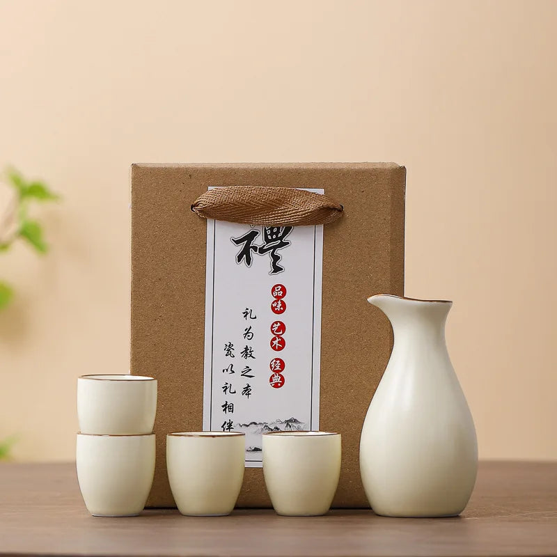 Sakura Blossom Ceramic Sake Gift Set – 5 Piece Sake Carafe and Cup Set