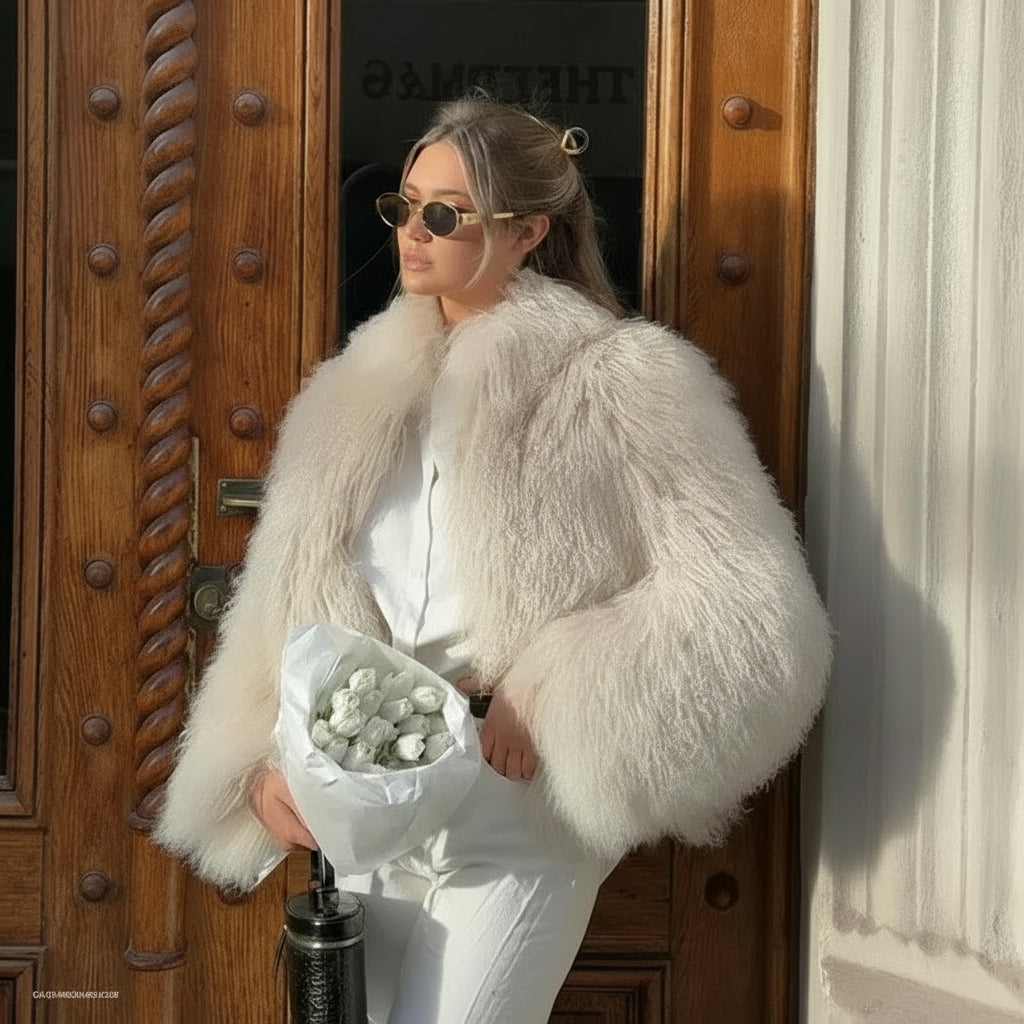 Calverra Shaggy Faux Fur Cropped Jacket – Women’s Luxury Fluffy Winter Coat and Statement Outerwear