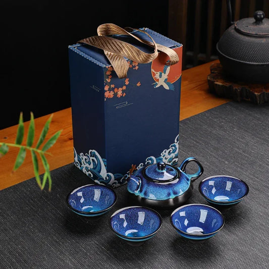 Midnight Blue Ceramic Teapot & Teacup Set – 5-Piece Traditional Style Tea Set with Gift Box