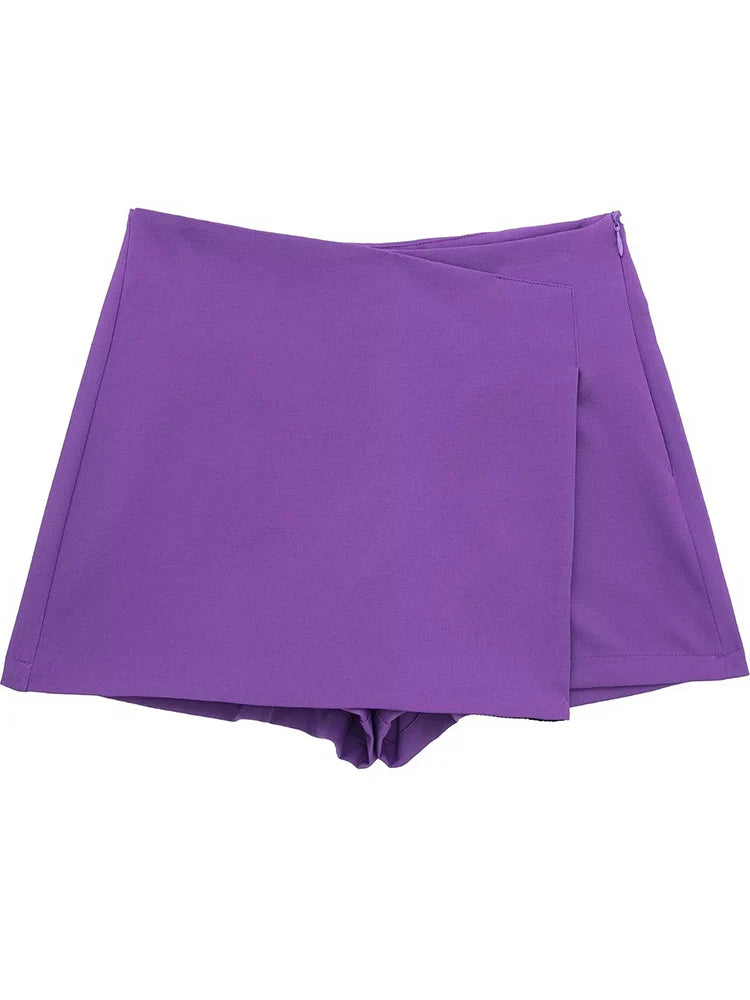 Sorlette Asymmetric Wrap Skort – High Waist Mini Skirt Shorts for Women in Cream, Blue, Black, Brown & Purple
