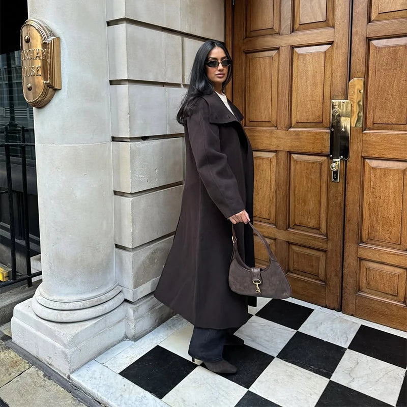 Adelisse Belted High Neck Wool Blend Maxi Coat – Women’s Longline Winter Overcoat with Statement Collar