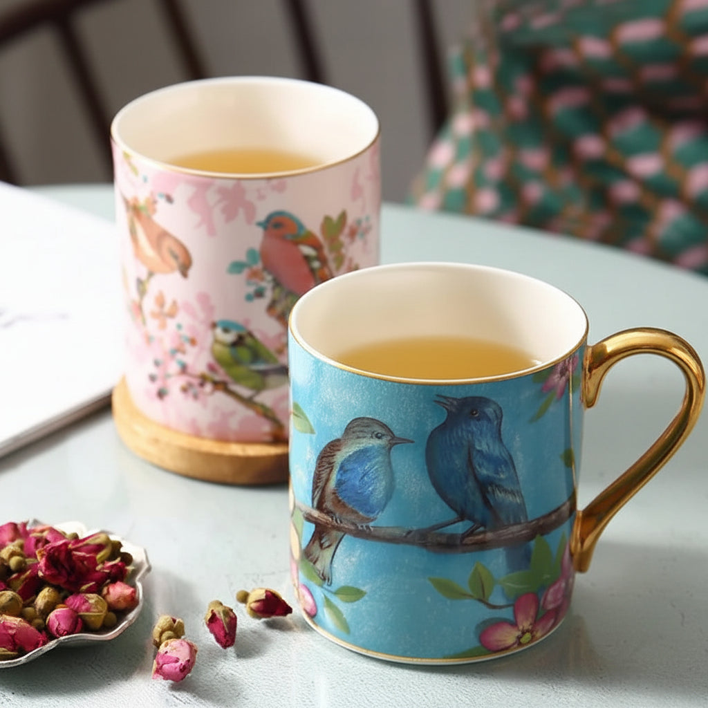 Avirel Bird Print Ceramic Mug – Gold Handle Tea & Coffee Cup