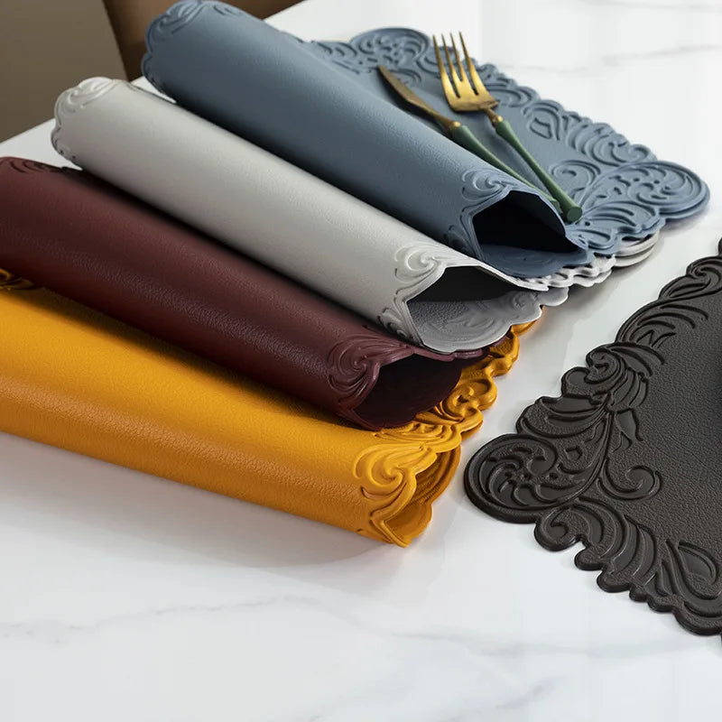 Verra Faux Leather Table Mats – Decorative Edge Non Slip Washable Dining Table Mats Set