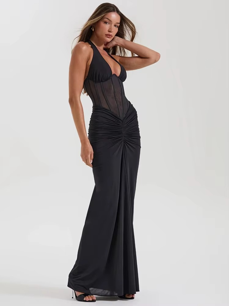 Valenna Halter Plunge Corset Evening Gown – Ruched Waist Maxi Dress for Elegant Eveningwear & Occasion Events