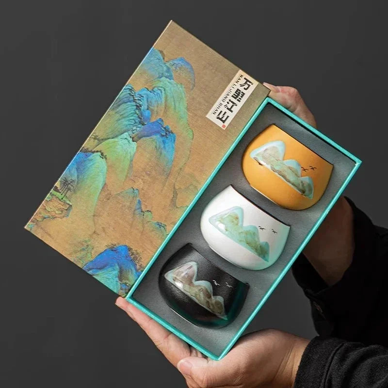 Takumi Mountain Ceramic Tea Cup Gift Set – 3 Piece Small Tea Cups with Gift Box for Espresso, Coffee and Tea Serving Tableware