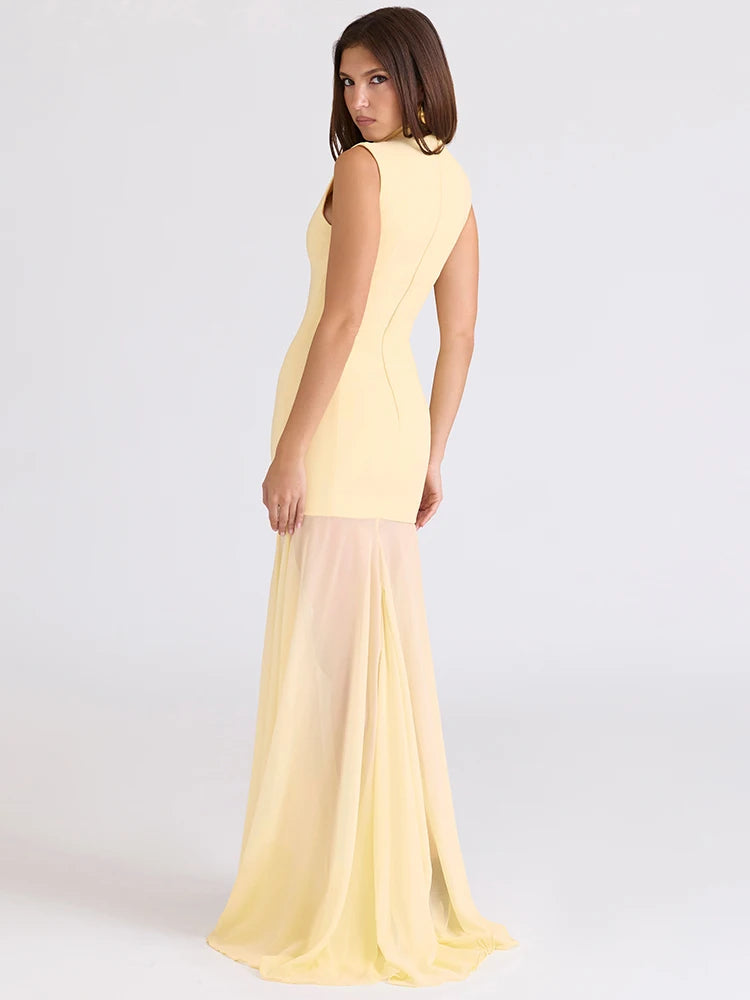 Averine High Neck Cut-Out Maxi Dress – Sleeveless Evening Gown with Sheer Fishtail Hem for Partywear & Wedding Guests