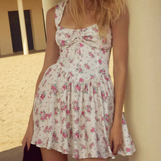 Lorina White Floral Corset Mini Dress – Sweetheart Babydoll Summer Sundress with Tie Straps