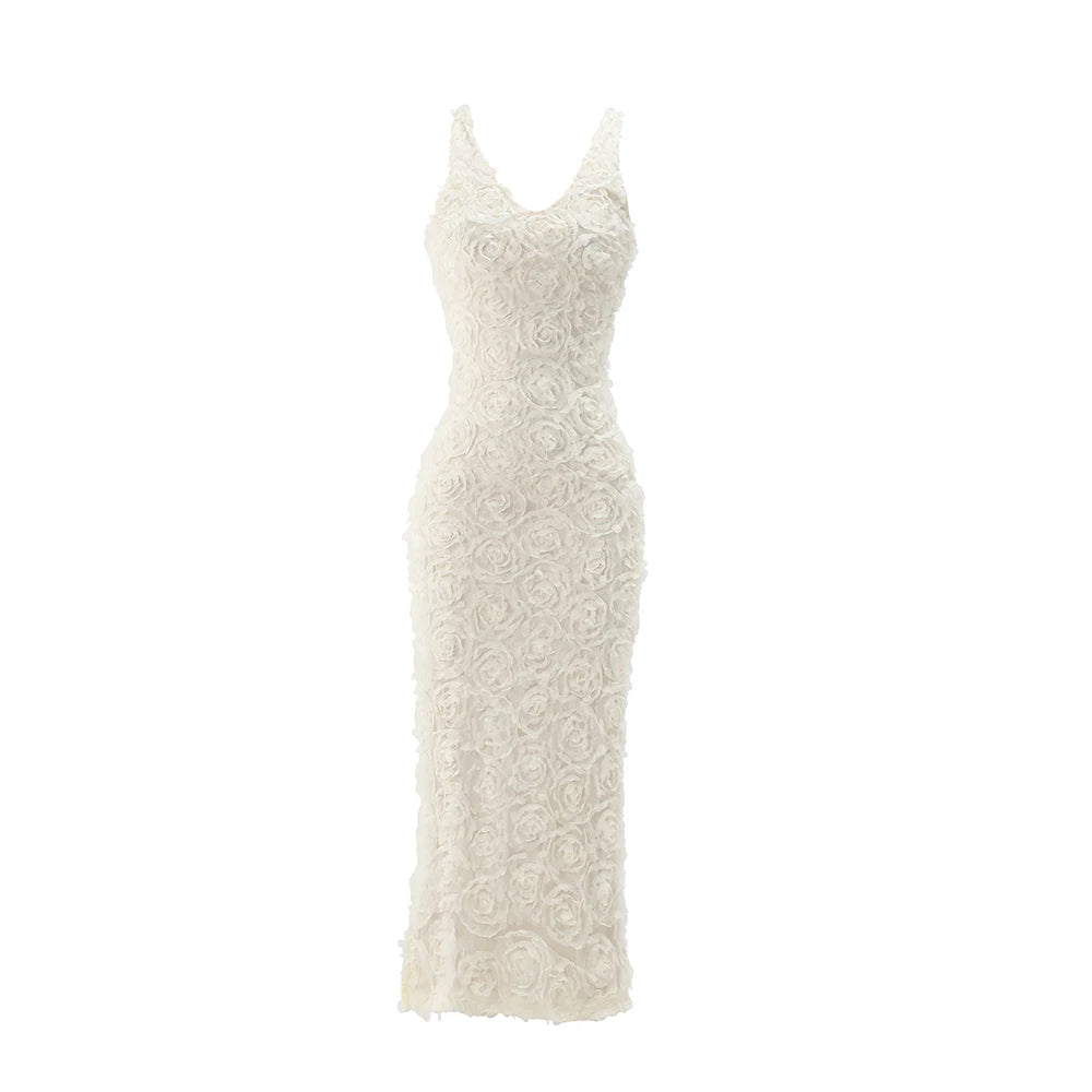 Florencia Rosette Textured Bodycon Dress – Sleeveless Sculpted V-Neck Long or Mini Occasion Dress in Ivory