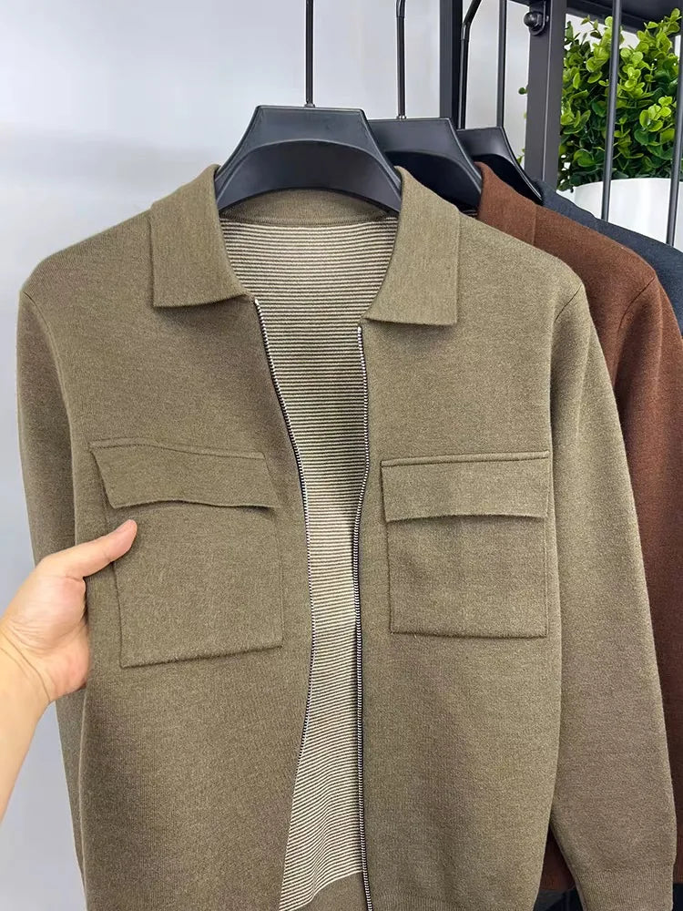 Men's Wool Blend Zip-Up Cardigan Jacket – Smart Casual Knit Overshirt with Utility Pockets and Turn-Down Collar