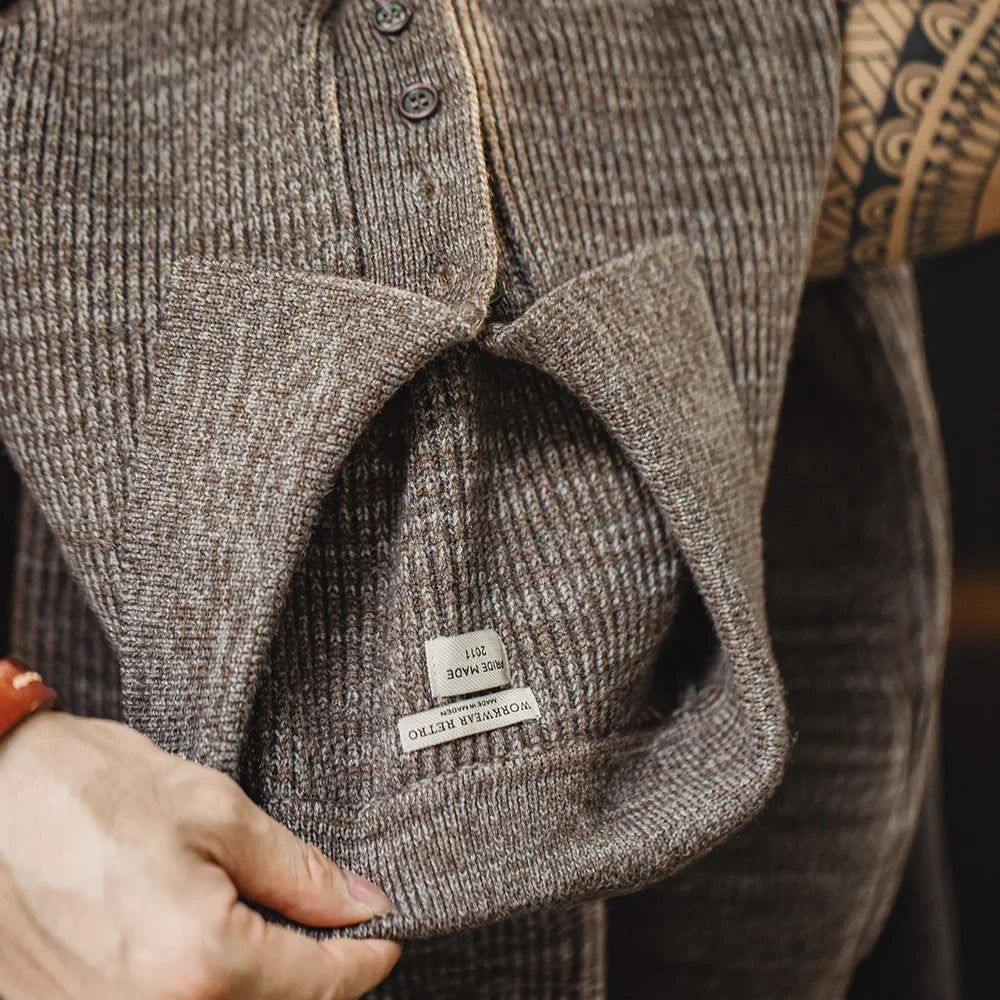 Caelen Knitted Long Sleeve Collared Sweater – Ribbed Textured Knit Jumper in Coffee Brown