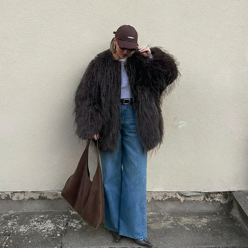 Maevra Oversized Mongolian-Style Faux Fur Jacket – Mocha Fluffy Faux Fur Coat for Women