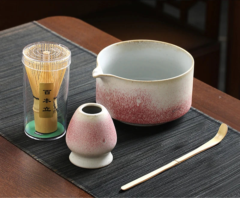 Matcha 4 Piece Tea Set with Bamboo Whisk and Ceramic Bowl – Japanese Green Tea Ceremony Kit