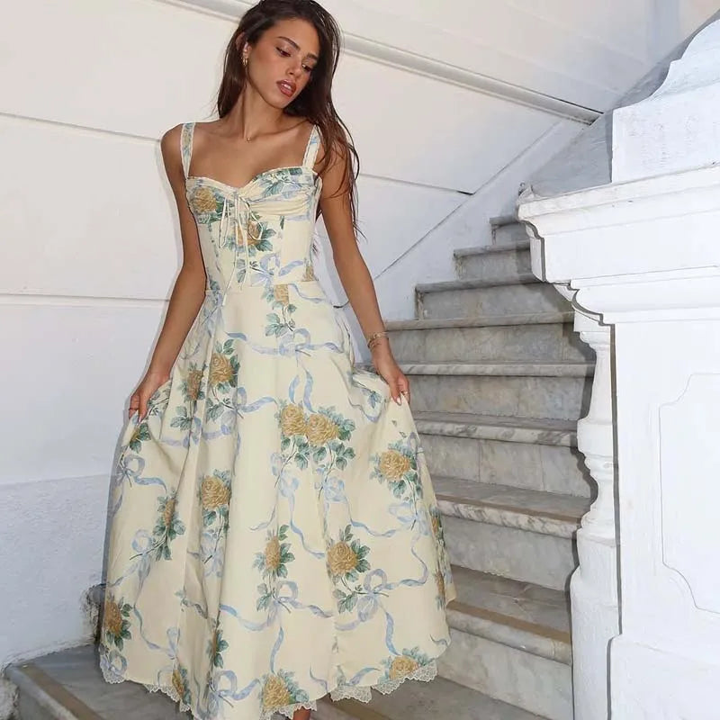 Saphira Floral Corset Maxi Dress – Soft Pink or Lemon Yellow Summer Occasion Dress with Tie Front Bodice