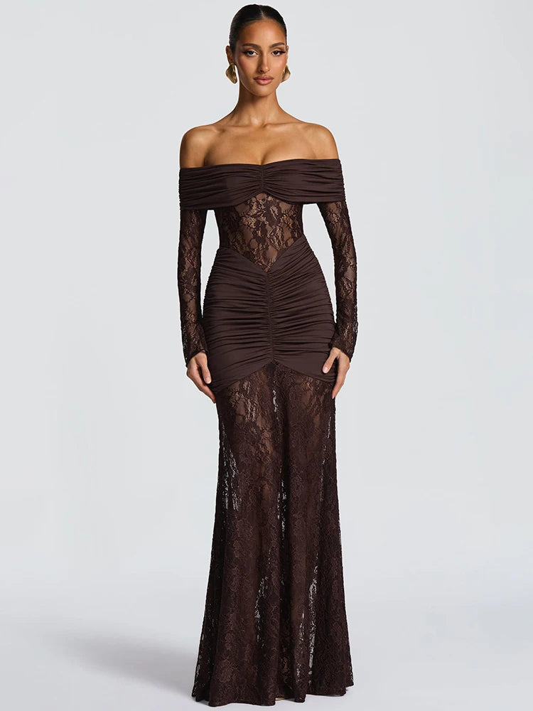 Fiolana Off-Shoulder Lace Maxi Dress – Long Sleeve Ruched Occasion Gown for Eveningwear, Party Outfits and Wedding Guest Looks