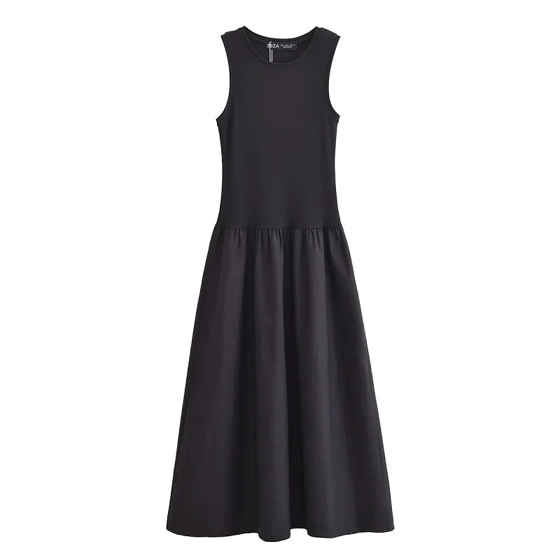 Sanna Sleeveless Cotton Midi Dress – Gathered Waist Casual Summer Dress in Beige & Black