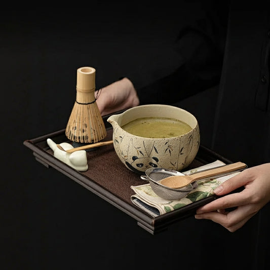 Bamboo Grove Ceramic Tea & Coffee Gift Set – 2, 4, & 8 - Piece Complete Home Tea Kit with Panda & Flower Design Bowl, Whisk and Scoop