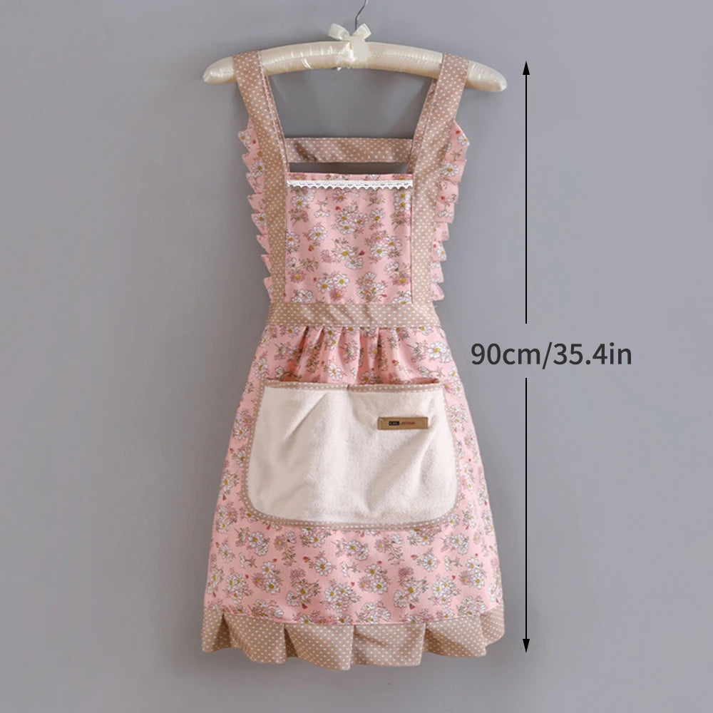 Floral Ruffle Kitchen Apron with Pocket – 1 Piece Adjustable Cooking & Baking Aprons for Women in Pink, Green Or Blue