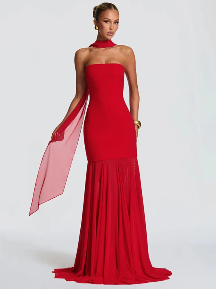 Laretta Strapless Maxi Dress with Scarf Detail – Elegant Evening Gown for Partywear, Formal Events & Wedding Guests