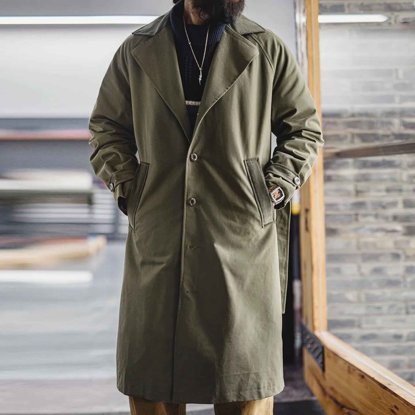 Ardenby Men’s Belted Trench Coat – Mid Length Cotton Trench Overcoat with Corduroy Collar Smart Casual Jacket