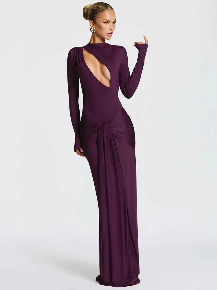 Elyndra Asymmetric Cut-Out Maxi Dress – Long Sleeve Draped Evening & Partywear Gown