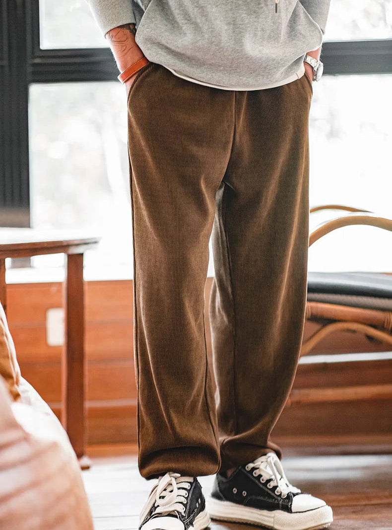 Rowan Men’s Straight Leg Corduroy Trousers – Relaxed Fit Elastic Waist Smart Casual Trousers