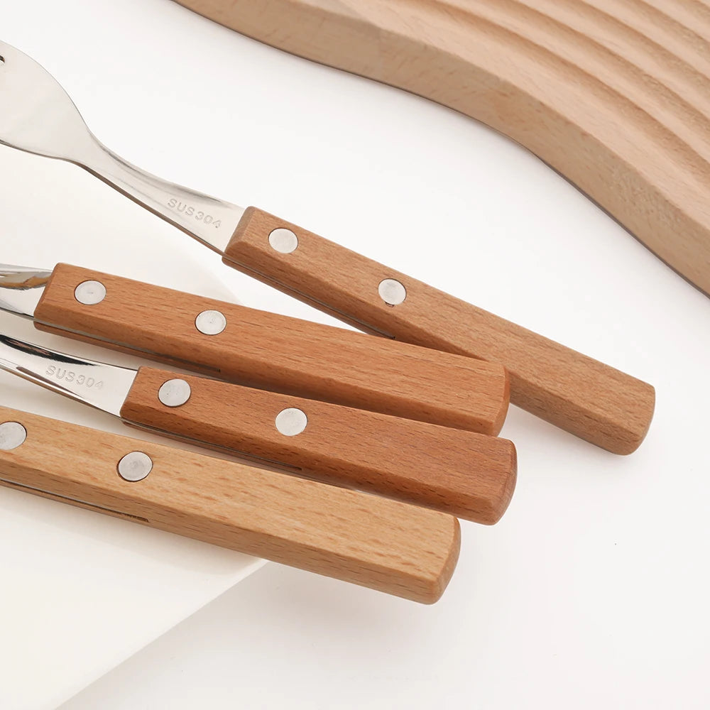 Wooden Handle Cutlery Set – 24 Piece Stainless Steel Knives, Forks & Spoons for Dining & Kitchen