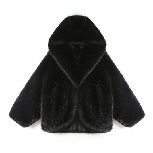 Vossara Hooded Plush Faux Fur Coat – Women’s Luxury Oversized Winter Jacket for Daywear and Evening Partywear