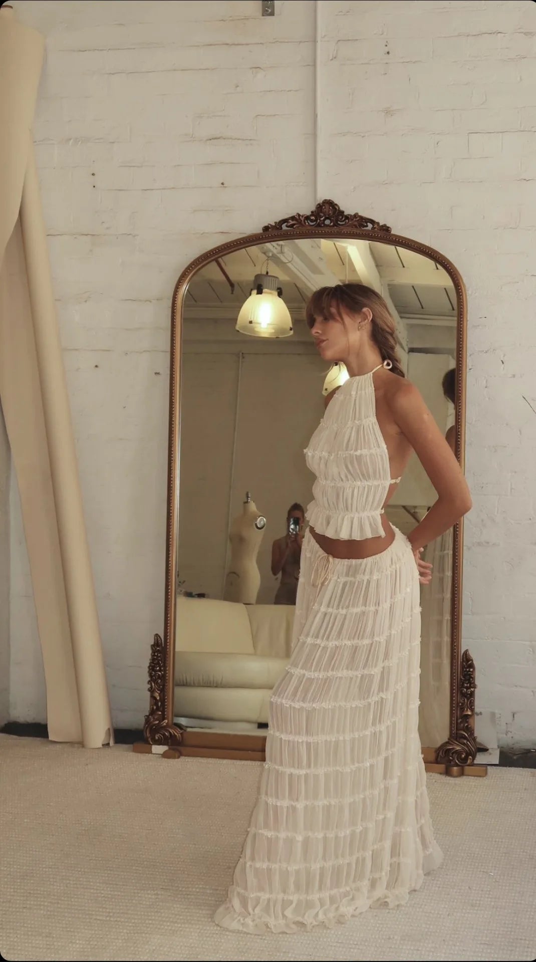 Averra Ruched Backless Co-Ord Set – Cream Halter Top and Maxi Skirt Two Piece Summer Holiday Outfit