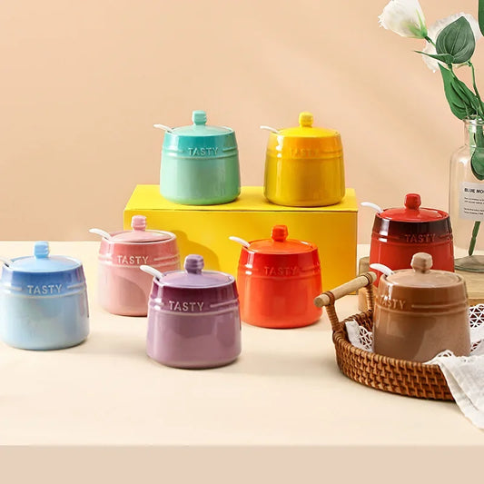 Ceramic Sugar/ Spice Bowl with Lid & Spoon – 1 Piece Colourful Kitchen Condiment Jar for Sugar, Salt & Spices