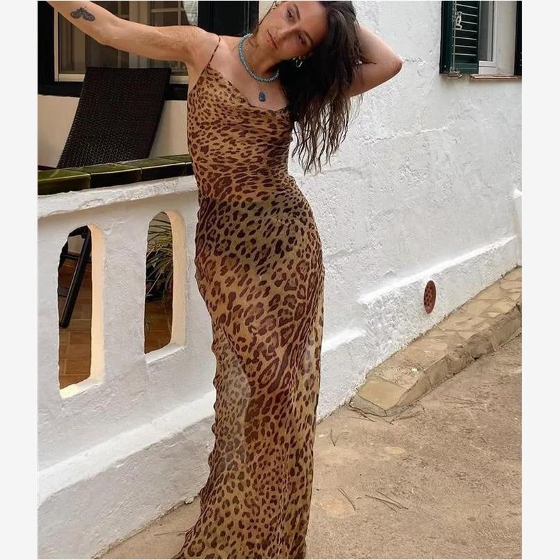 Savara Leopard Print Cowl Neck Maxi Dress – Backless Spaghetti Strap Bodycon Gown