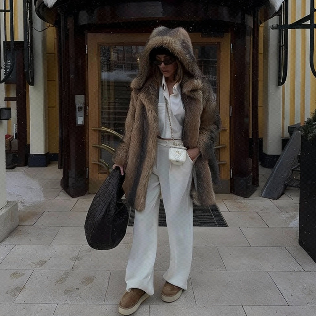 Marquessa Hooded Plush Faux Fur Coat – Women’s Long Luxury Faux Fur Winter Jacket with Oversized Hood