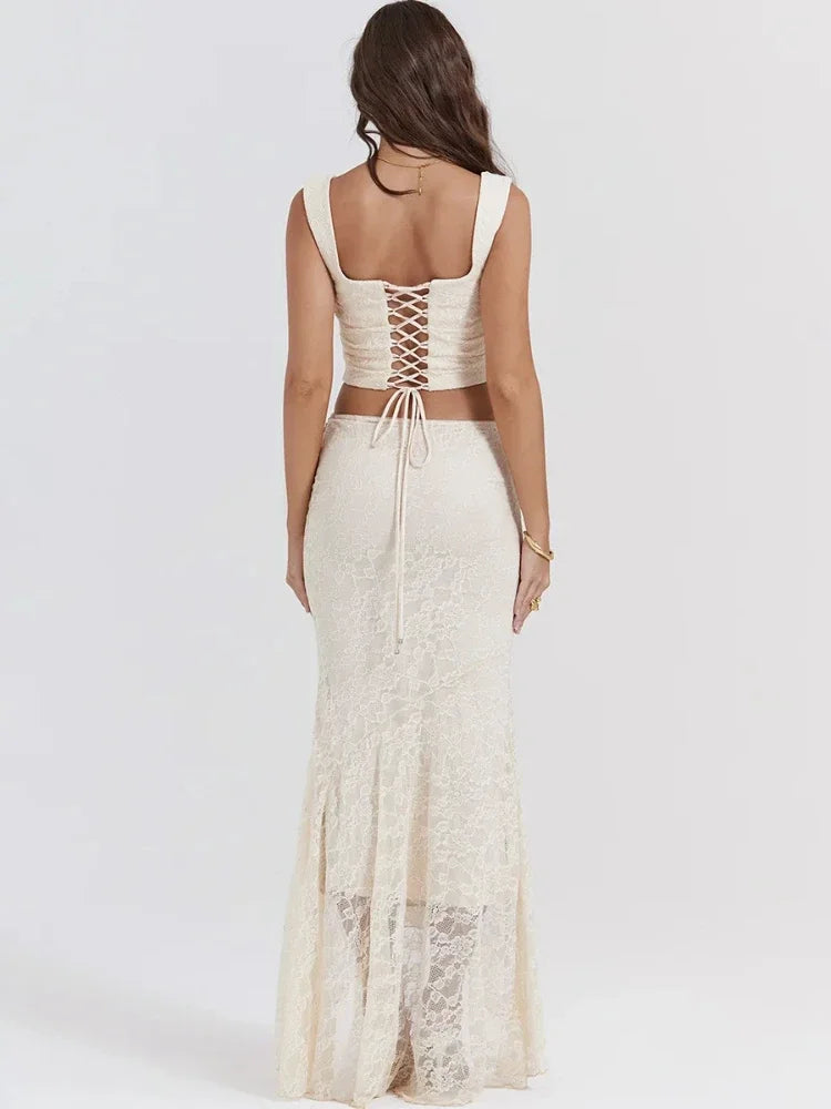 Mirelia Lace Two-Piece Co-Ord – Ivory Ruched Crop Top & Maxi Skirt Set for Party, Eveningwear & Wedding Guests