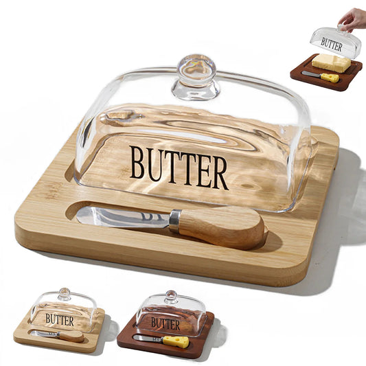Bamboo Butter Dish with Glass Lid & Knife – Wooden Butter Container with Cutter and Storage Tray