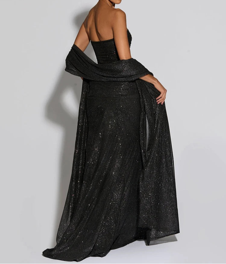 Soreina Strapless Glitter Maxi Dress – Black Tie Bodycon Gown with Drape Detail for Formal Parties & Evening Wear