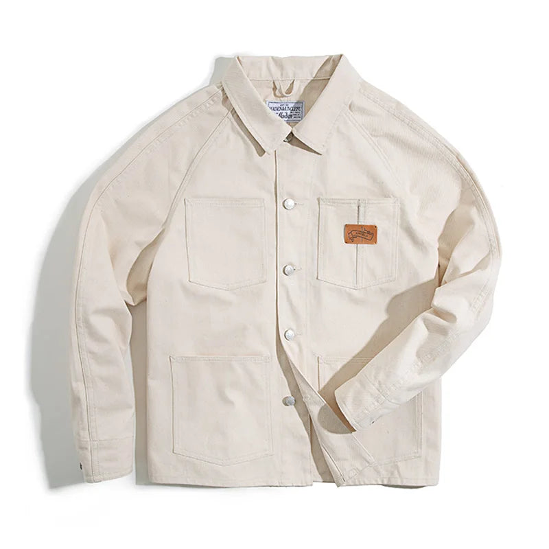 Marlowe Men’s Cream Denim Jacket – Button Up Utility Jacket with Large Pocket Detail and Classic Collar