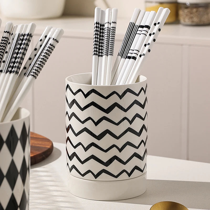 Kitchen Utensil Holder – Ceramic Cutlery Caddy, Utensil Crock, Chopstick Holder and Kitchen Countertop Organiser with Drip Base, Geometric Designs