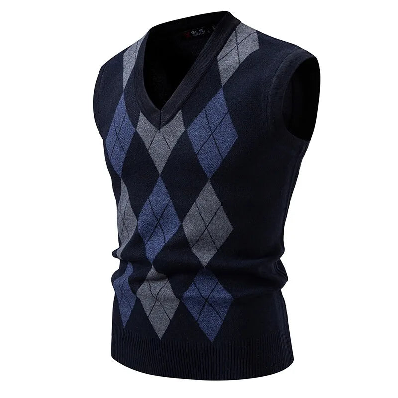 Men’s Argyle Knit Sleeveless Jumper Vest – Classic Diamond Pattern V-Neck Pullover