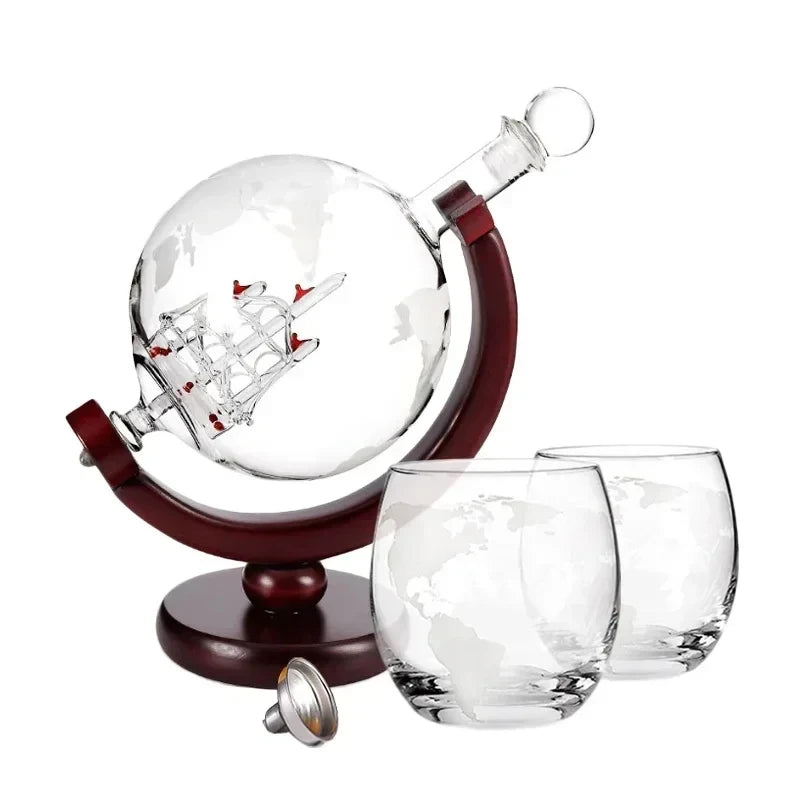 Globe Whiskey Decanter Set with Glasses – Etched Glass World Map Decanter on Wooden Stand