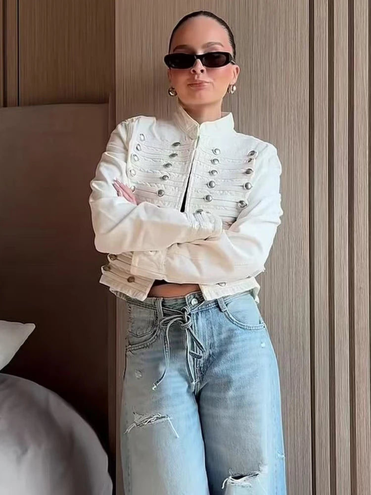 Elarique Military Button Denim Jacket – Cropped Collarless Women's Jacket