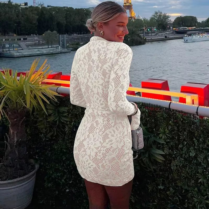Marcellina Lace Mini Dress – Long Sleeve Keyhole Cut-Out Cocktail Dress in Ivory or Black