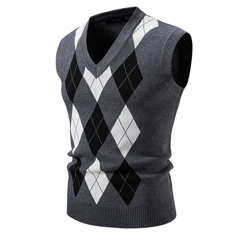 Men’s Argyle Knit Sleeveless Jumper Vest – Classic Diamond Pattern V-Neck Pullover