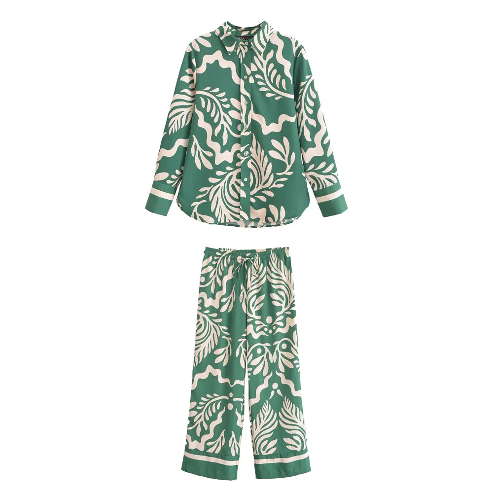 Callista Printed Co-Ord Set – Button-Up Shirt and Wide-Leg Trousers in Black or Green