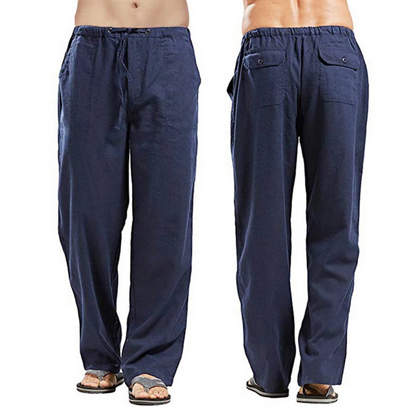 Men’s Wide-Leg Trousers – Relaxed Fit Elasticated Waist Drawstring Linen-Style Pants