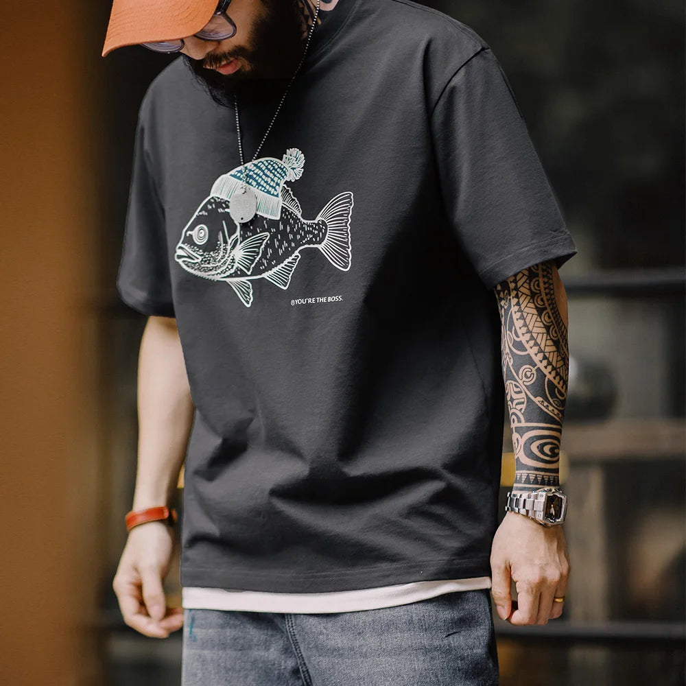 Boss Fish Graphic Cotton T-Shirt – Men’s Oversized Round Neck Short Sleeve Tee