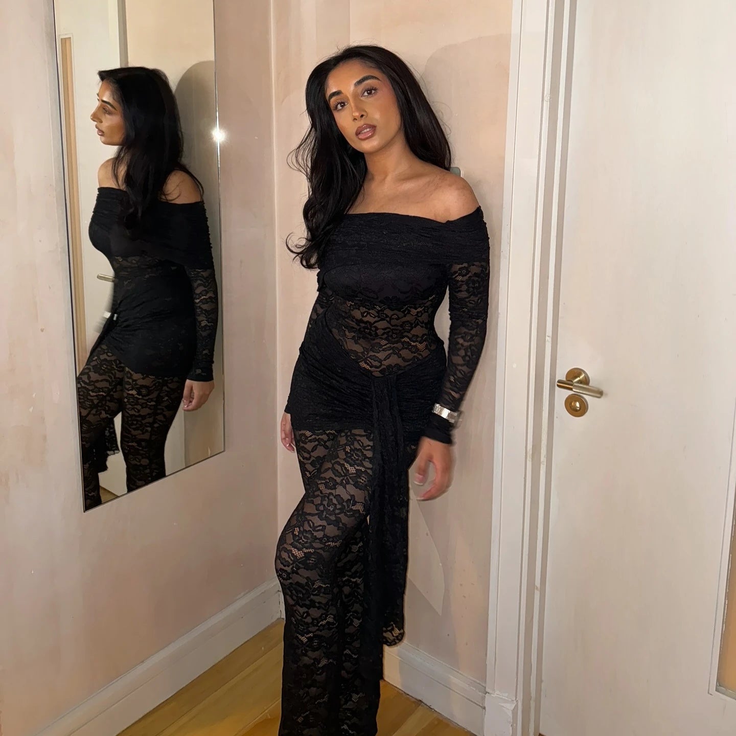 Valerisse Lace Off Shoulder Jumpsuit with Draped Waist Detail – Sheer Bodycon Evening, Party & Special Occasion Jumpsuit