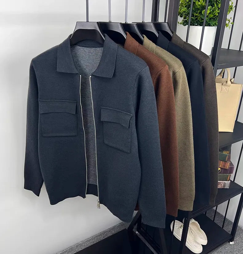 Men's Wool Blend Zip-Up Cardigan Jacket – Smart Casual Knit Overshirt with Utility Pockets and Turn-Down Collar