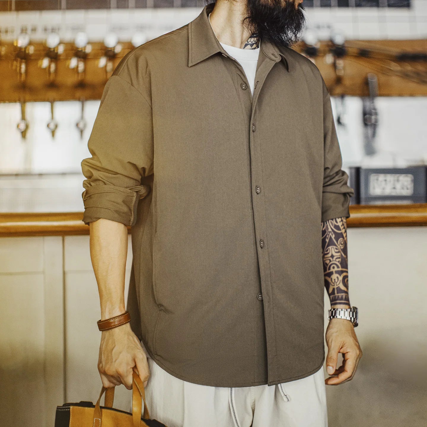 Cavaro Men’s Relaxed Fit Button-Up Utility Shirt – Brown Long Sleeve Casual Overshirt with Elbow Patch Detail