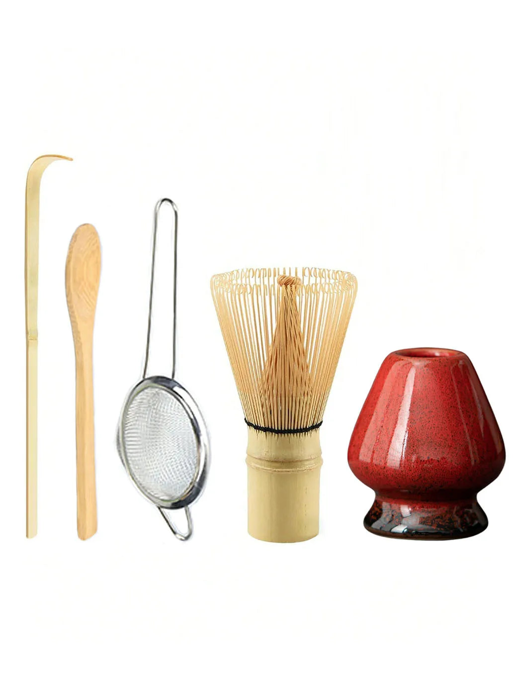 Bamboo Matcha Whisk & Tea Tool Set – 4 & 5-Piece Japanese Matcha Kit with Scoop, Strainer & Whisk Holder